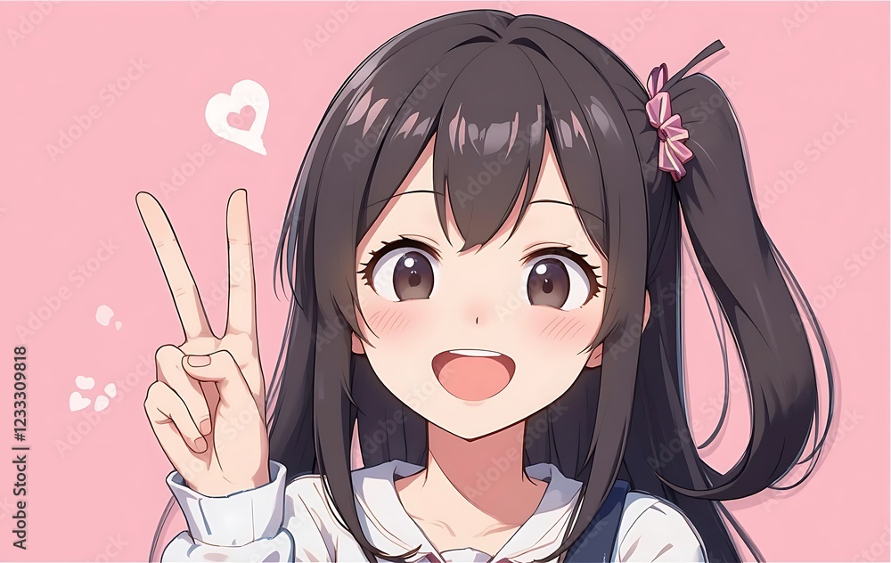 Victory V Sign An anime-style character flashing a peace sign with a bright smile, exuding cheerful energy. A pastel pink background enhances the friendly and cute atmosphere. Victory V Sign An anime-style character flashing a peace sign with a bright smile, exuding cheerful energy. A pastel pink background enhances the friendly and cute atmosphere.