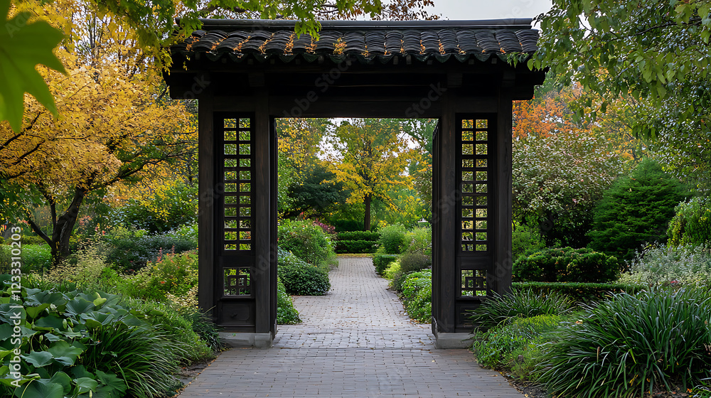 of a traditional Chinese gate in a peaceful garden setting 