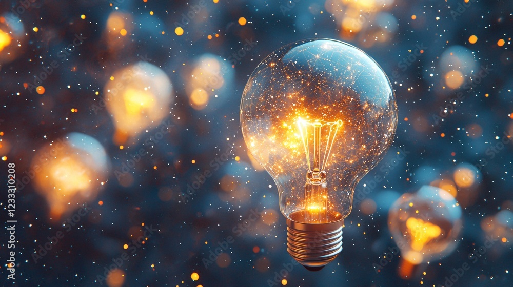 Glowing lightbulb, ideas, innovation, sparks, dark background, website banner Glowing lightbulb, ideas, innovation, sparks, dark background, website banner
