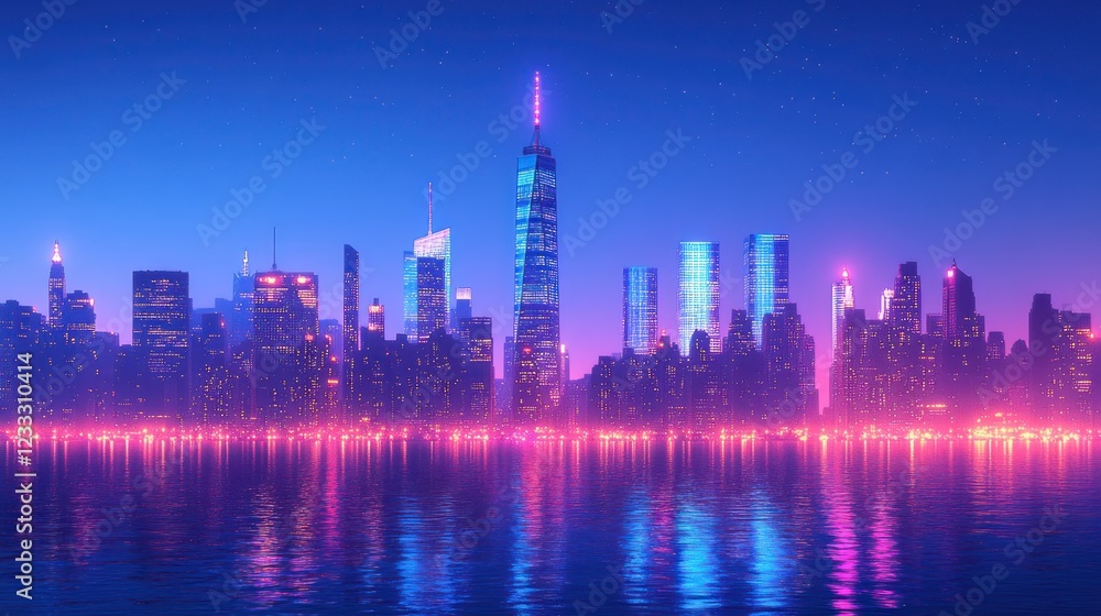 Fototapeta premium Neon-lit Manhattan skyline reflecting in twilight water