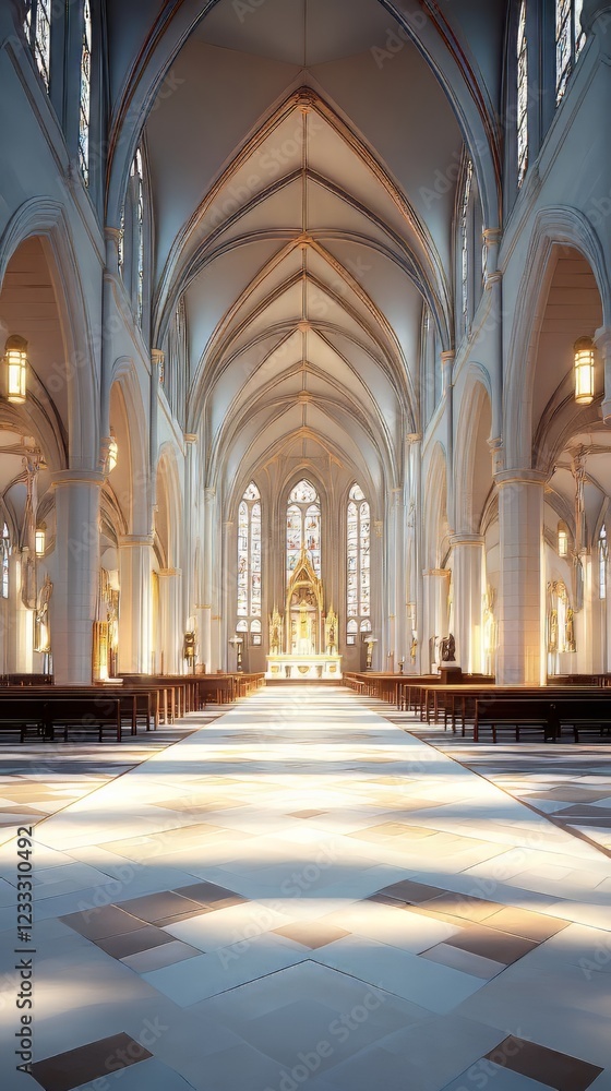 Fototapeta premium Sunlit church nave, serene and grand.