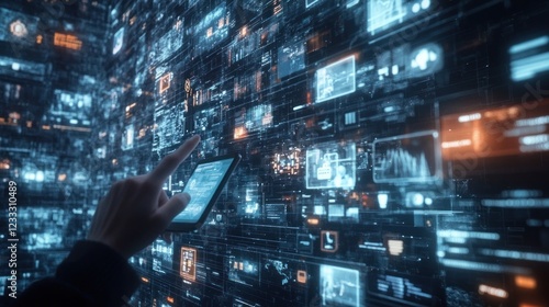 Digital Data Visualization: A Hand Interacts with a Futuristic Interface