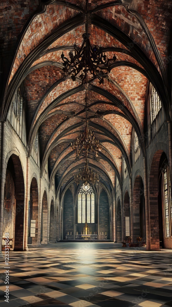 Naklejka premium Grand cathedral interior, sunlight streams in.