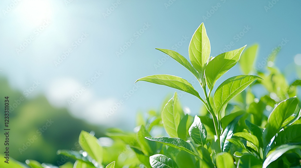 Obraz premium Lush green tea leaves in sunlight, plantation background, nature freshness, ideal for beverage packaging