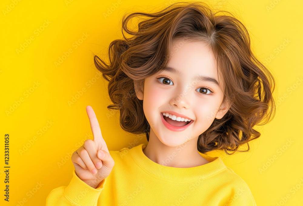 Girl with curly hair smiles on yellow backdrop Girl with curly hair smiles on yellow backdrop