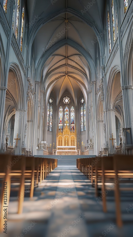 Fototapeta premium Tranquil church interior, sunlight streams in.
