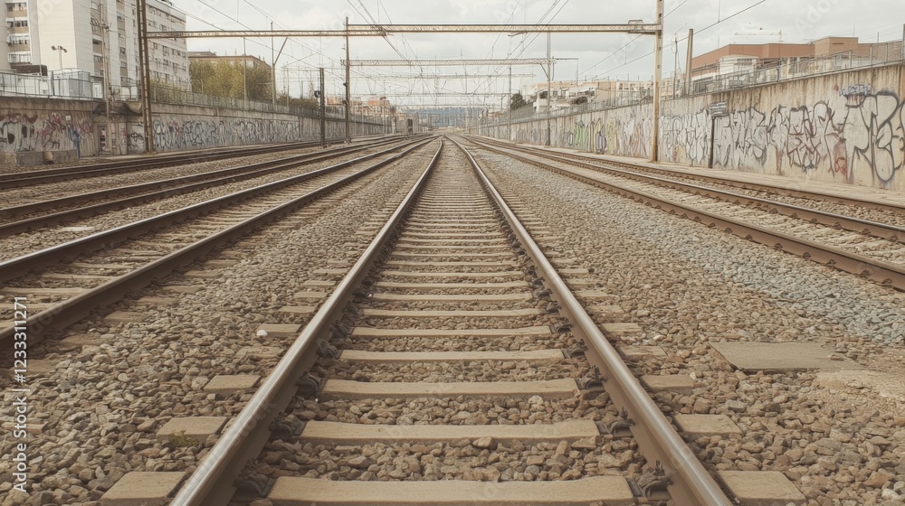 Train tracks stretching into the distance with urban graffiti, showing a quiet, desolate scene