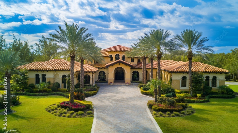 Aerial view of a large estate home with a red tiled roof and manicured lawn surrounded by palm trees Aerial view of a large estate home with a red tiled roof and manicured lawn surrounded by palm trees