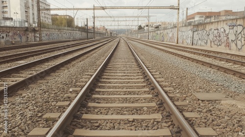 Obraz na płótnie Train tracks stretching into the distance with urban graffiti, showing a quiet, desolate scene w salonie