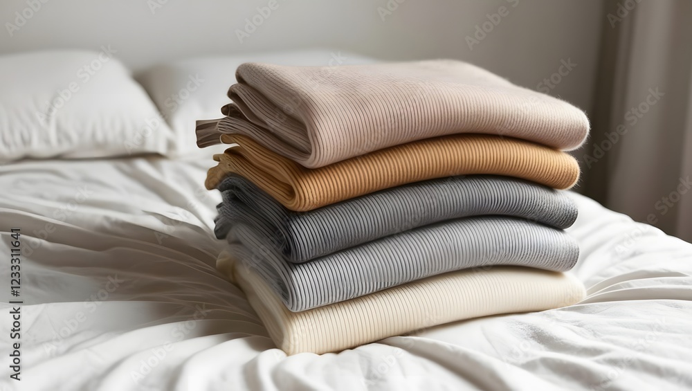 Stack of Folded Sweaters on Bed in Neutral Tones 70 Character Limit Stack of Folded Sweaters on Bed in Neutral Tones 70 Character Limit