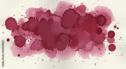 Abstract Watercolor Wash Burgundy Red Ink Splatters and Blobs on White Paper Background