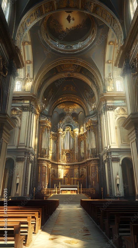 Fototapeta premium Grand church interior with pipe organ