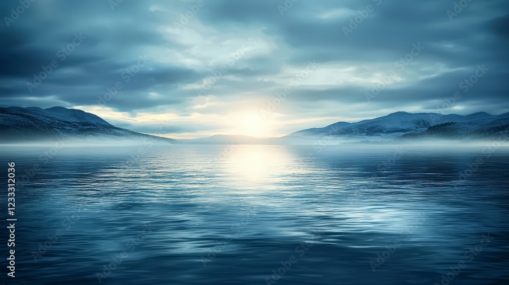 Naklejka premium Tranquil Water Landscape with Soft Light and Dramatic Clouds