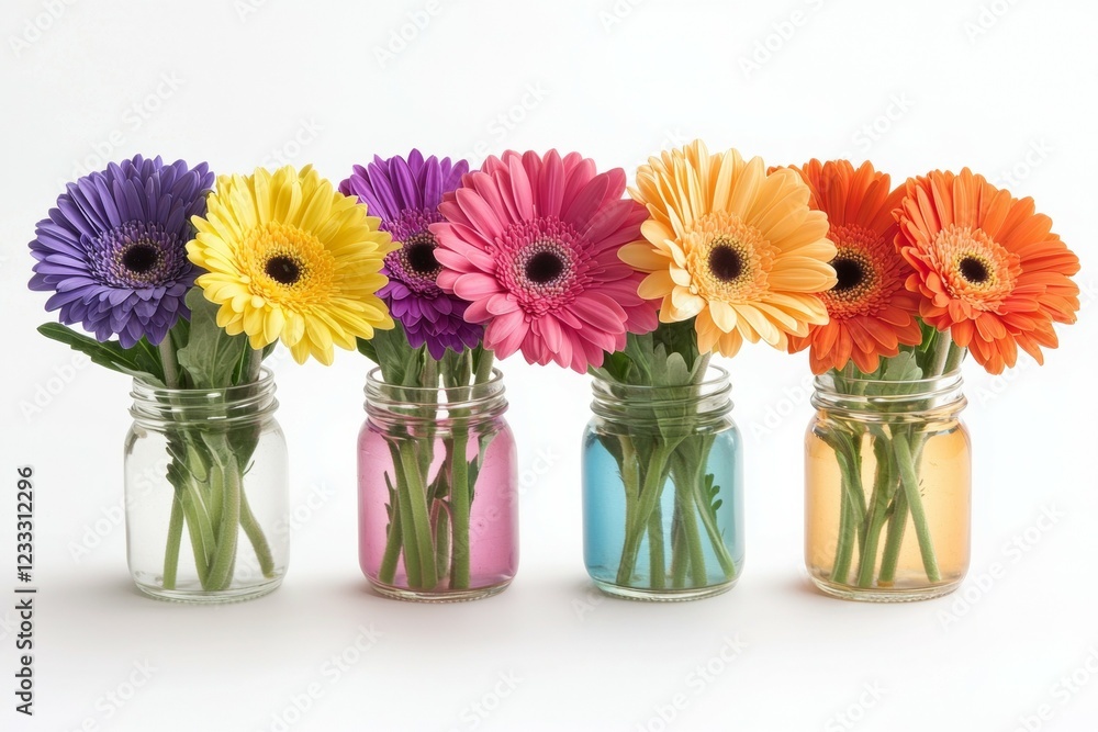 Row of vases with different colored flowers in them Row of vases with different colored flowers in them