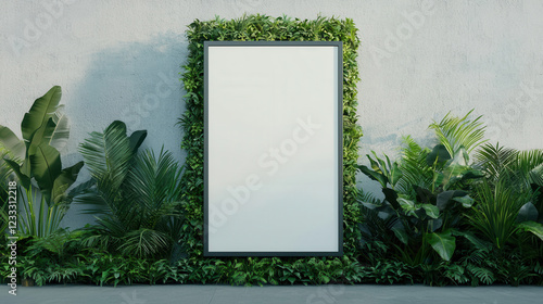 Empty advertising board surrounded by lush greenery and plants photo