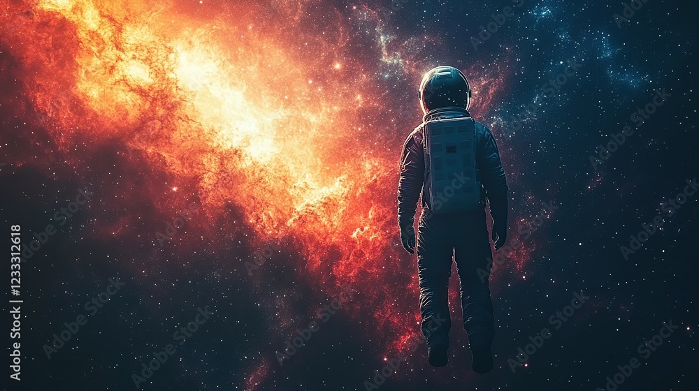 Naklejka premium Astronaut floating, space nebula backdrop, cosmic exploration, science fiction art