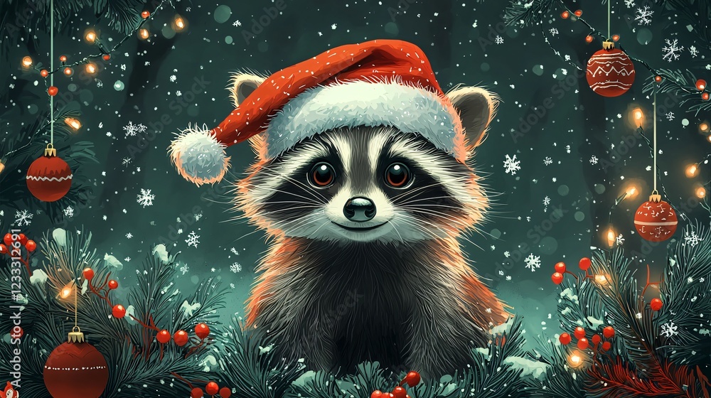 Festive raccoon in Santa hat, snowy forest, Christmas lights, holiday card Festive raccoon in Santa hat, snowy forest, Christmas lights, holiday card