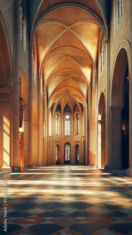 Sunlit church aisle, serene and grand. Sunlit church aisle, serene and grand.