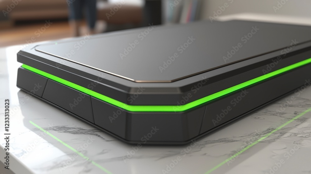 Modern Gaming Console on Stylish Table with Green LED Lights Modern Gaming Console on Stylish Table with Green LED Lights