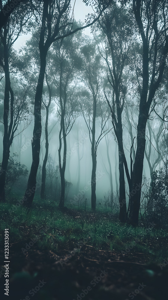 Fototapeta premium Enigmatic Woodland with Dense Tree Canopy and Thick Fog