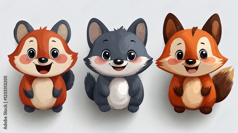 Three Charming Cartoon Foxes Posing with Cute Expressions in a Row Against a White Backdrop. Three Charming Cartoon Foxes Posing with Cute Expressions in a Row Against a White Backdrop.
