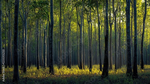 Wallpaper Mural Sunlight Through Dense Forest Trees Creates A Beautiful Natural Scenery and Background Torontodigital.ca