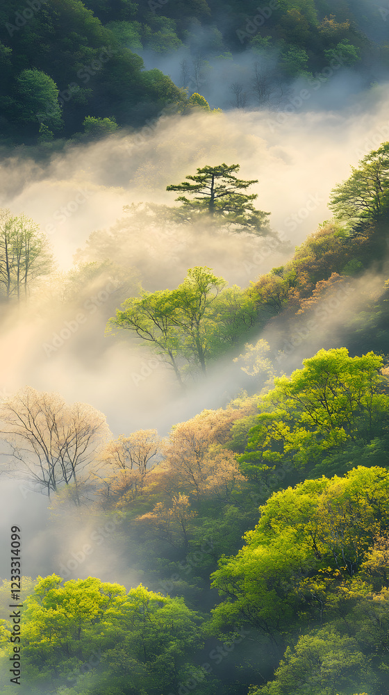 Obraz premium Enchanting Spring Forest Scene with Morning Fog in the Air