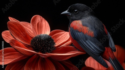 A Dark Bird Perched On A Red Flower photo