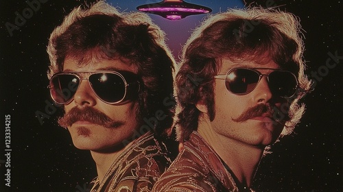 Retro Duo, Sunglasses, Mustaches, UFO, Space, 70s Album Art