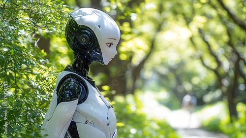 White Robot Standing Amidst Lush Greenery in a Natural Environment Looking Forward.