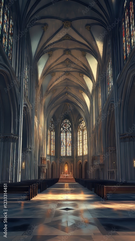 Obraz premium Sunlit Gothic cathedral interior