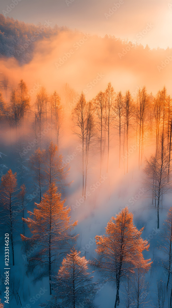 Fototapeta premium Enchanting Snow-Covered Forest Scene with Hovering Thick Mist