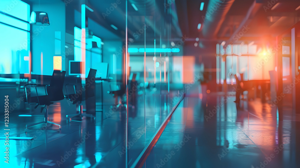 Fototapeta premium Modern office space with glass walls and vibrant lighting.