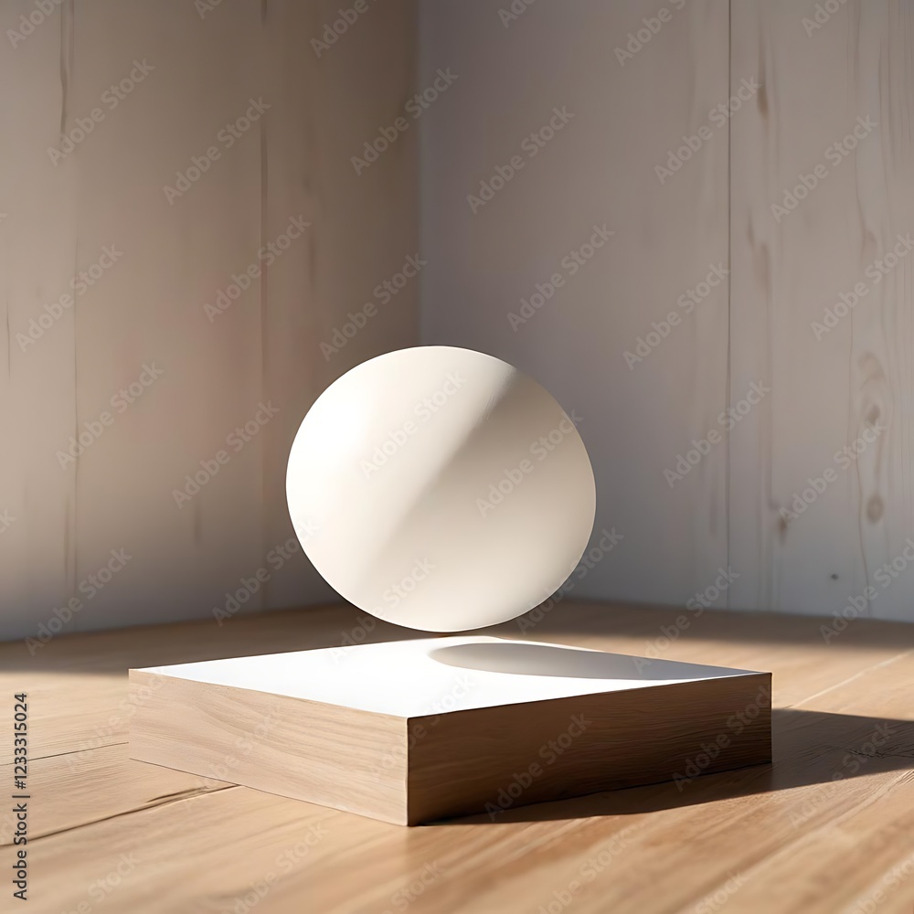 White Sphere Hovering Above a Light Wooden Display Platform White Sphere Hovering Above a Light Wooden Display Platform