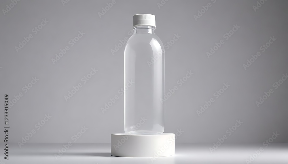 Transparent Plastic Bottle with White Cap on White Pedestal Transparent Plastic Bottle with White Cap on White Pedestal