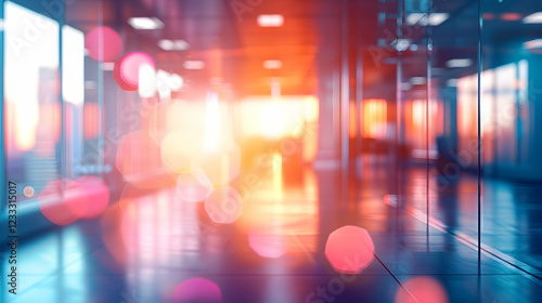 A blurred interior scene with warm light and reflections, creating a serene atmosphere.