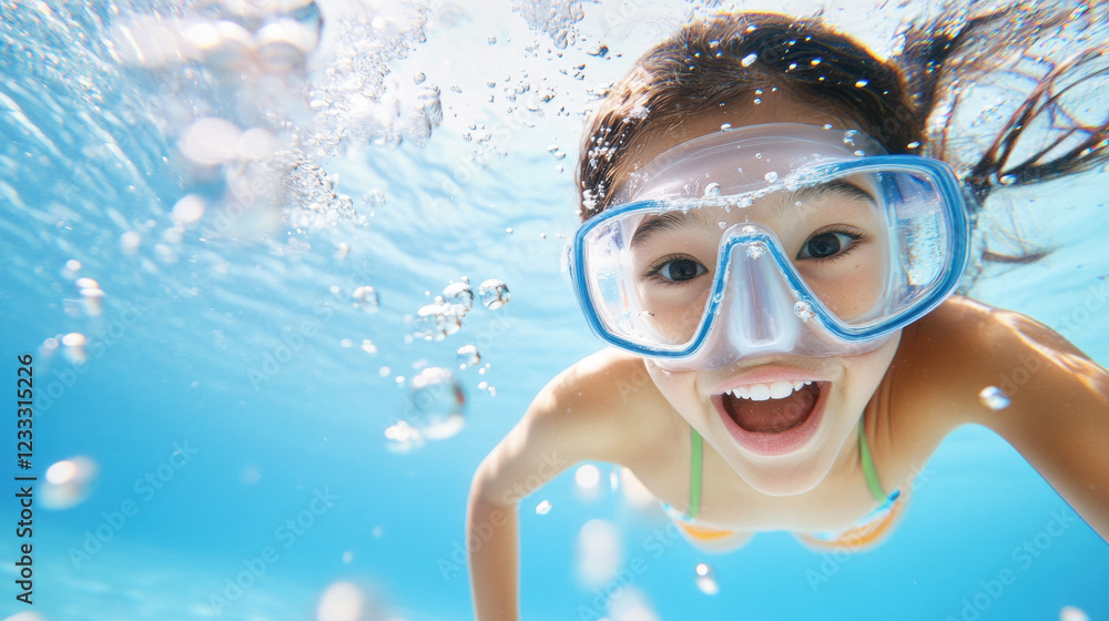 Naklejka premium Underwater close up of girl swimming, smiling with snorkel gear, bubbles surrounding her