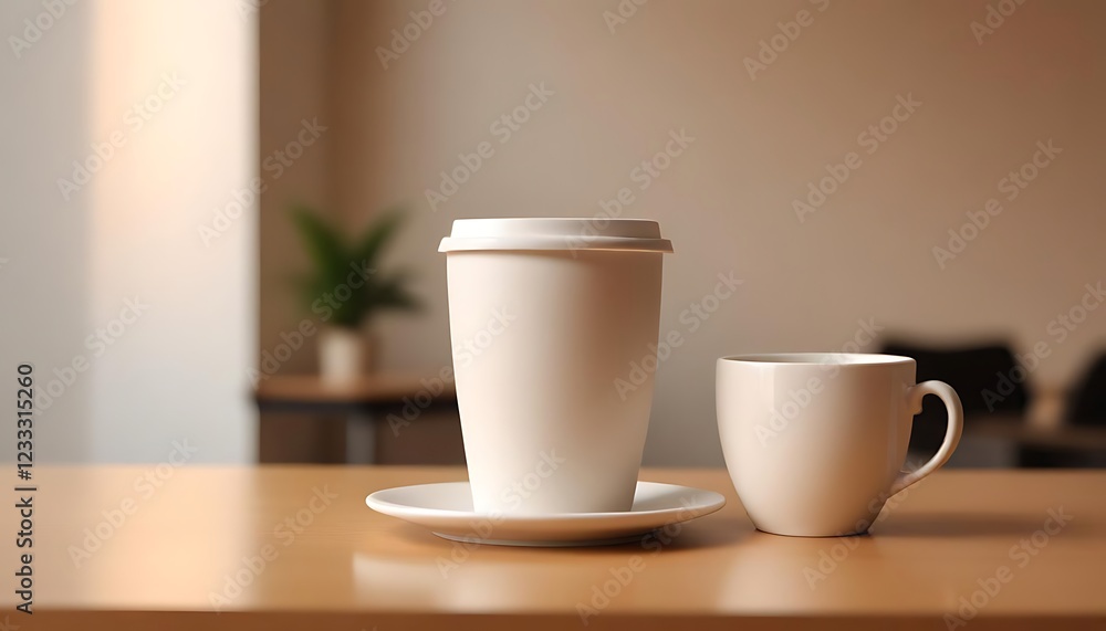White Coffee Cup and To-Go Cup on Wooden Table White Coffee Cup and To-Go Cup on Wooden Table