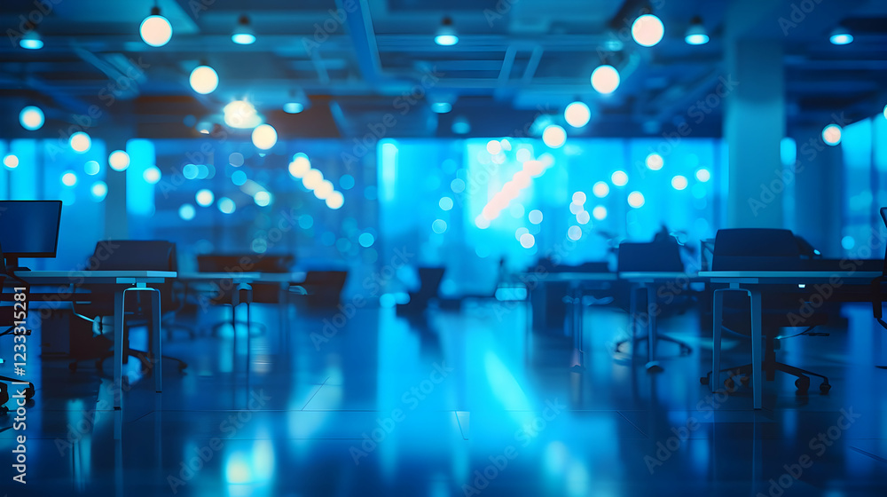A modern office space illuminated with blue lighting, showcasing empty desks and chairs. A modern office space illuminated with blue lighting, showcasing empty desks and chairs.
