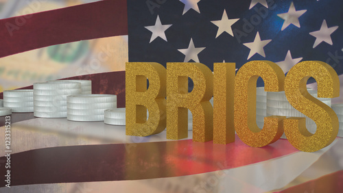 The Gold Brics and coins on USA flag Background 3d Rendering.