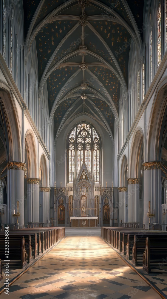 Fototapeta premium Tranquil church interior bathed in sunlight