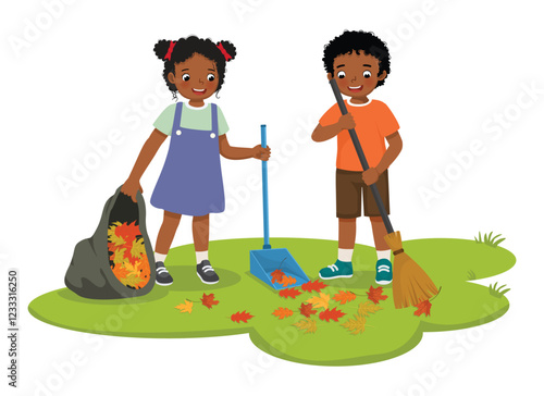 Cute little African kids boy and girl raking fallen autumn leaves into plastic bag cleaning up in the garden 