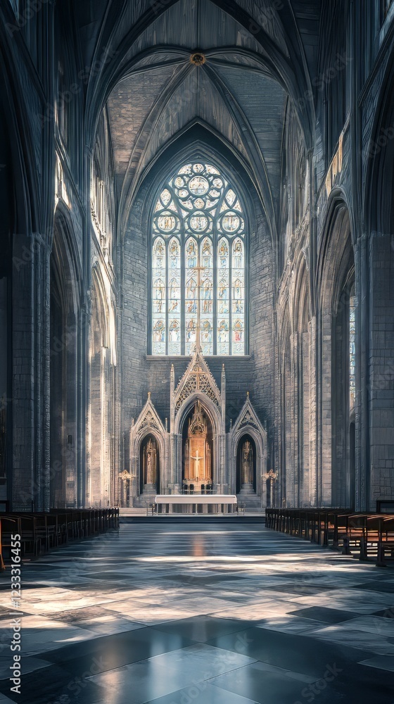 Obraz premium Sunlit Gothic cathedral interior