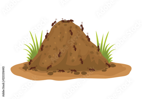 Ant hills with colony of ants working around the nest