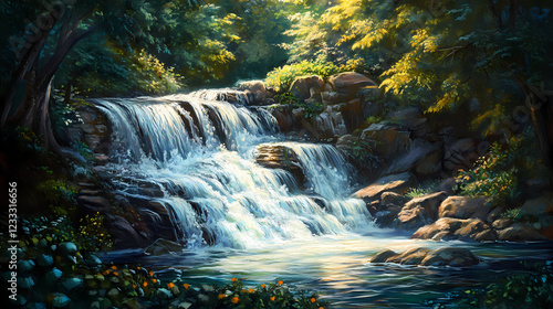 Stunning brushy creek falls in lush nature setting, capturing the beauty of cascading water and scenic landscapes. Sapphire Falls. Illustration photo