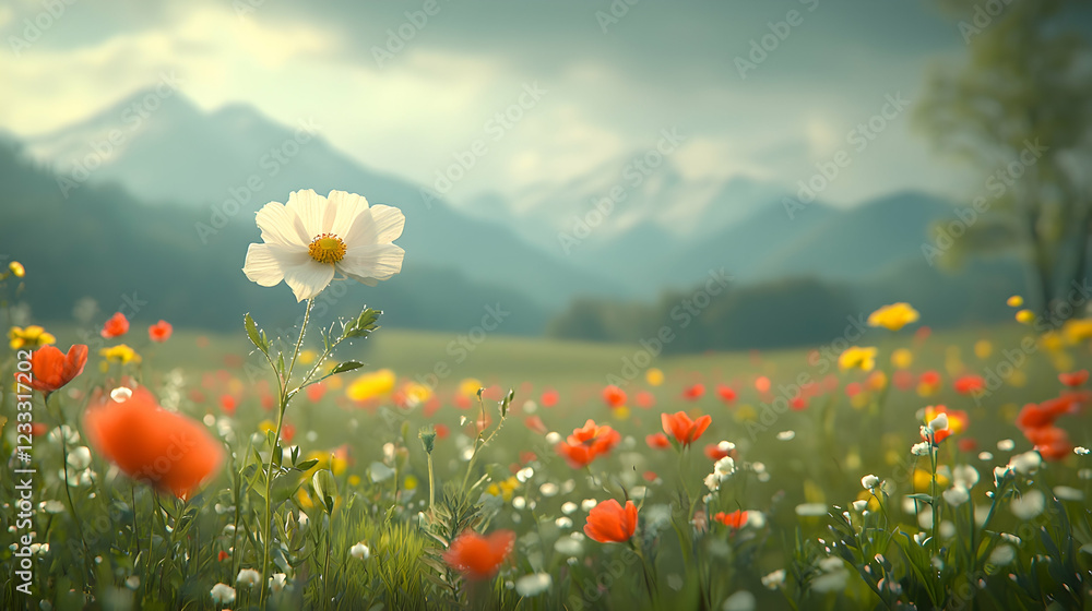 Naklejka premium White flower meadow, mountain backdrop, springtime