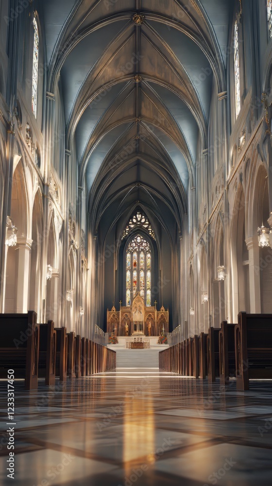 Fototapeta premium Grand church interior, sunlight streams in.