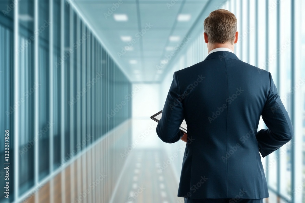 Fototapeta premium Caucasian male adult in suit with tablet in modern office corridor