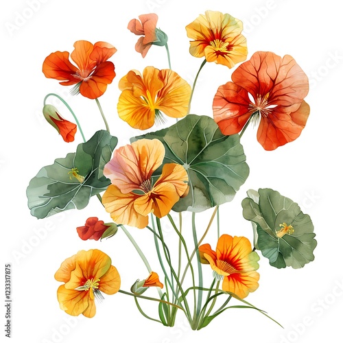 Wallpaper Mural Watercolor Orange Nasturtium Isolated on White Background. Beautiful Nasturtium Flower Torontodigital.ca
