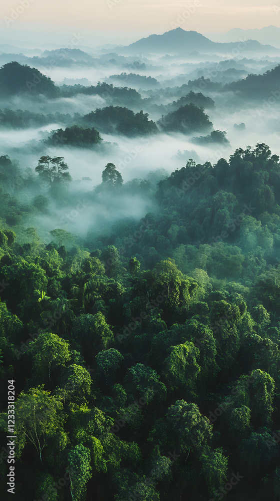 Ethereal Bird's-Eye View of Lush Misty Forest Ethereal Bird's-Eye View of Lush Misty Forest